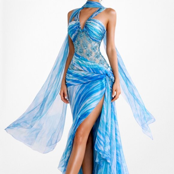 Vintage Y2K Blue Floral Beaded Mesh Asymmetric Ruffle Midi Prom Dress Size L/XL Vintage Y2K Blue Floral Beaded Mesh Asymmetric Ruffle Midi Prom Dress Size L/XL